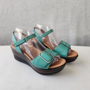 Dansko Sandals Womens Size 7.5 Teal Leather Wedge Buckle Ankle Strap EU 38